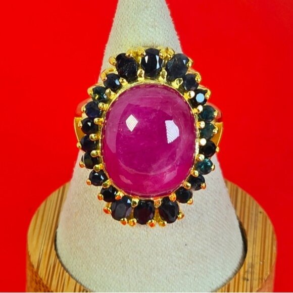 925 Sterling Silver Ring Sz 6.75 with Natural Ruby 1.6x1.3cm & Sapphire Gems - Picture 4 of 14